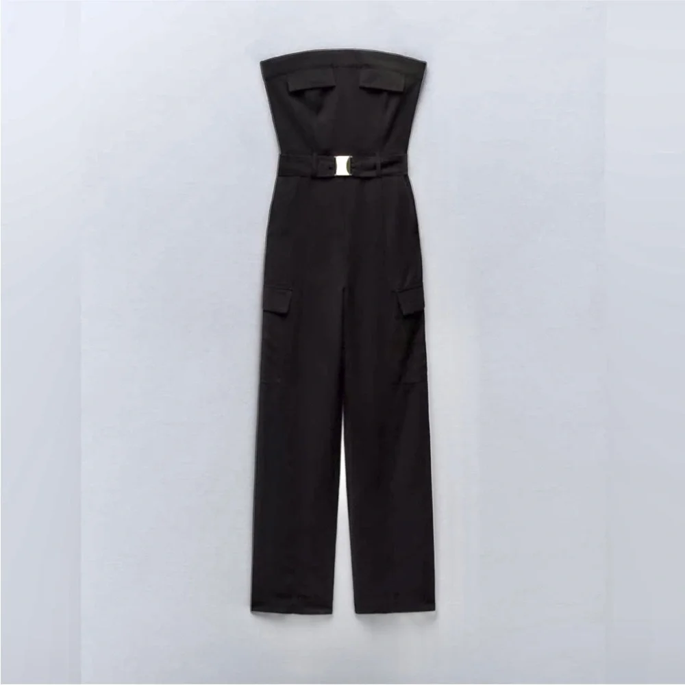 Zara belted black cargo pocket side strapless jumpsuit - Picture 4 of 8